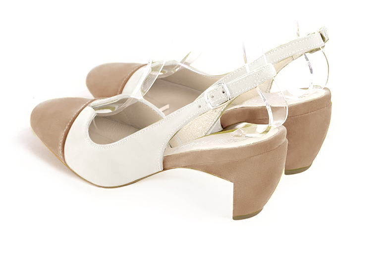 Tan beige and off white women's slingback shoes. Round toe. Medium comma heels. Rear view - Florence KOOIJMAN